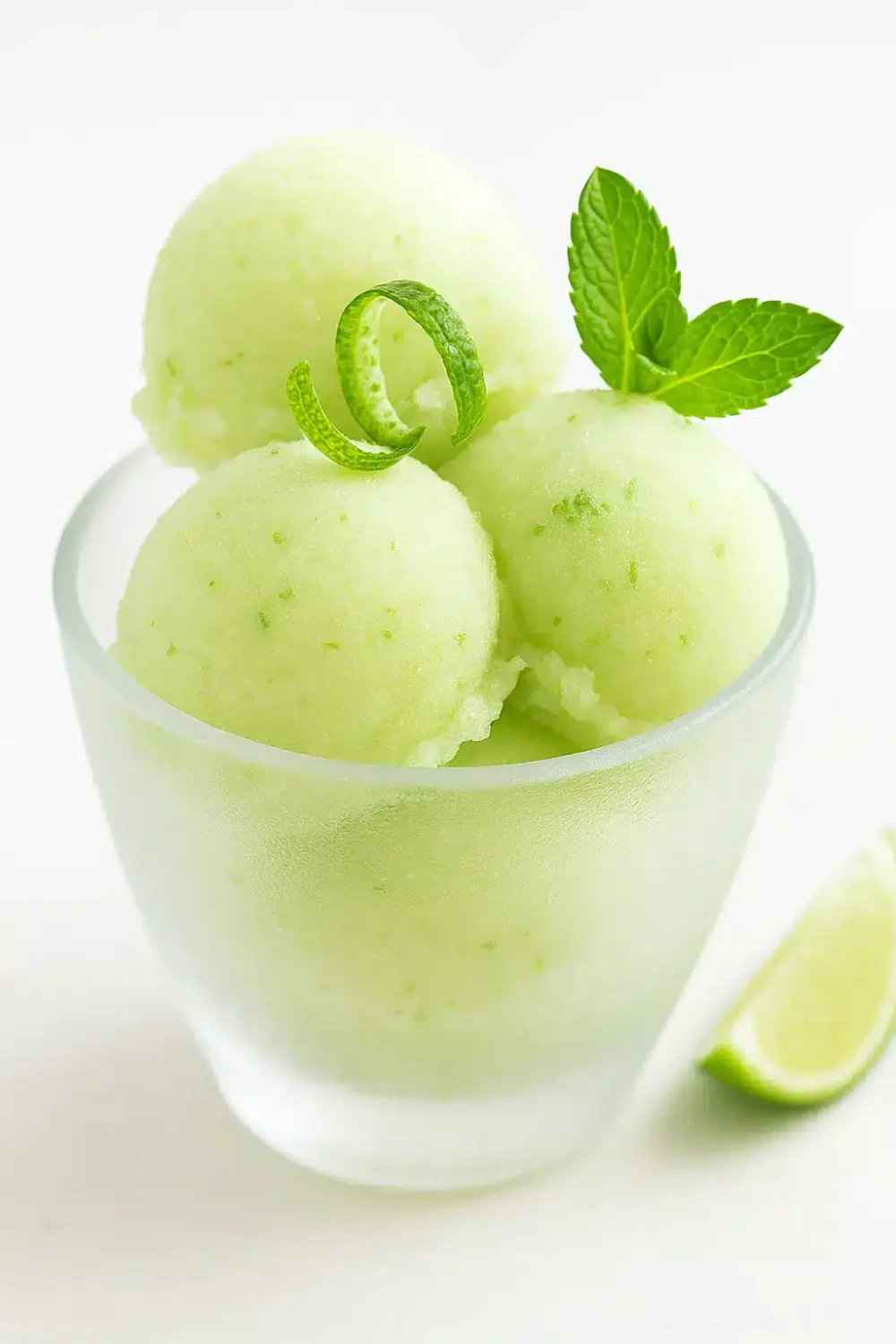 Lime sorbet in a frosted glass bowl with mint leaves and lime zest garnish, smooth and refreshing presentation on a clean white background.