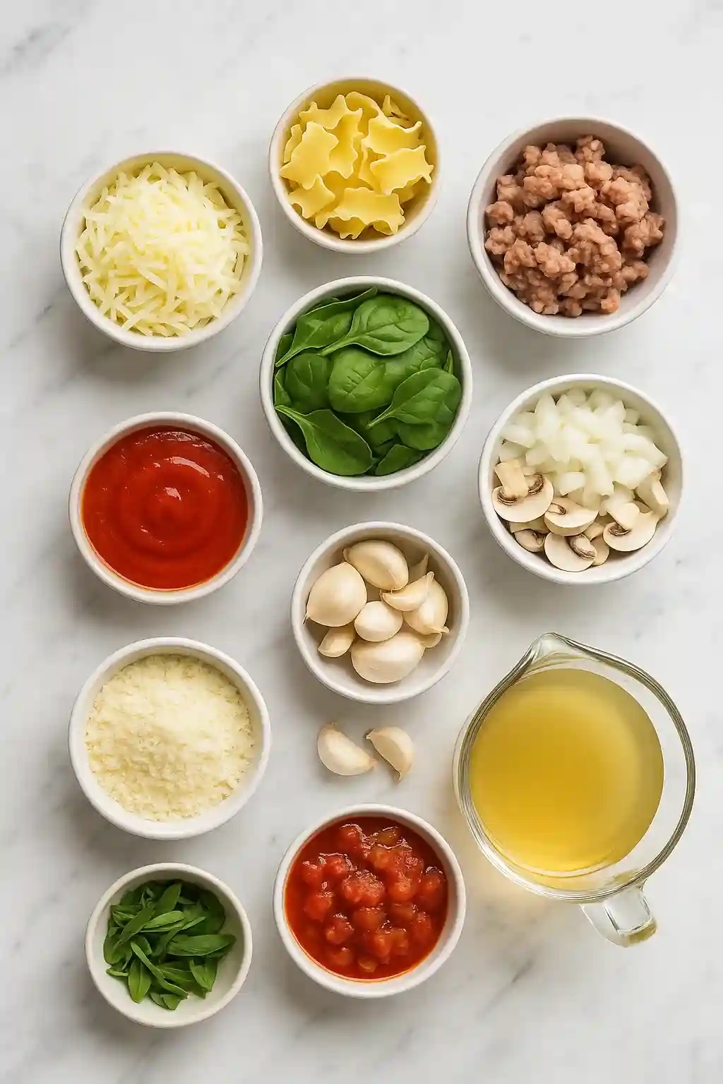 Cheesy Sausage Lasagna Soup – A Comforting One-Pot Wonder Top-down view of fresh ingredients for cheesy sausage lasagna soup