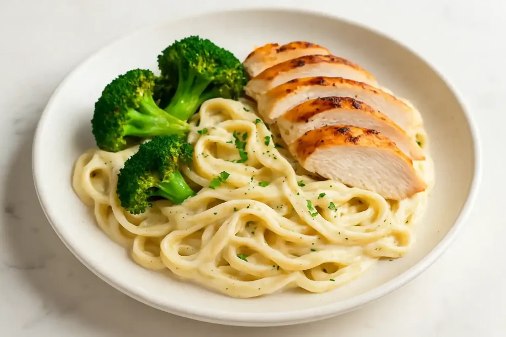 High-Protein Cottage Cheese Alfredo You’ll Crave Every Week Creamy Cottage Cheese Alfredo pasta topped with grilled chicken and steamed broccoli on a white plate