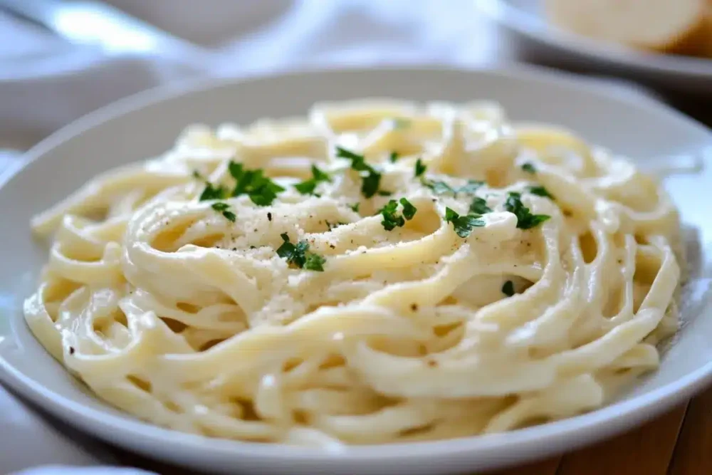 High-Protein Cottage Cheese Alfredo You’ll Crave Every Week Creamy cottage cheese Alfredo pasta garnished with parsley on a white plate