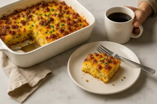 The Best Crack Breakfast Casserole – Easy, Cheesy & Crowd-Pleasing A casual brunch setting featuring a half-eaten Crack Breakfast Casserole with coffee and plates