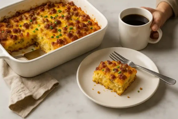 A casual brunch setting featuring a half-eaten Crack Breakfast Casserole with coffee and plates