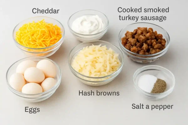 Raw ingredients for Crack Breakfast Casserole laid out on a marble surface with labels
