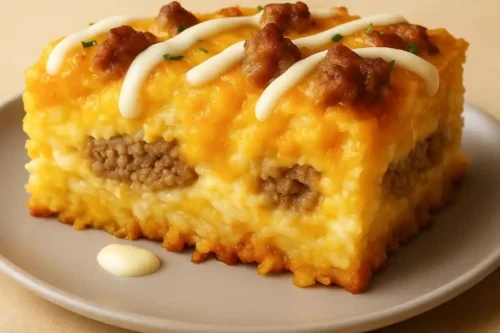 The Best Crack Breakfast Casserole – Easy, Cheesy & Crowd-Pleasing A plated portion of Crack Breakfast Casserole showing melted cheese, sausage, and eggs