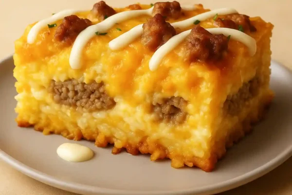 A plated portion of Crack Breakfast Casserole showing melted cheese, sausage, and eggs