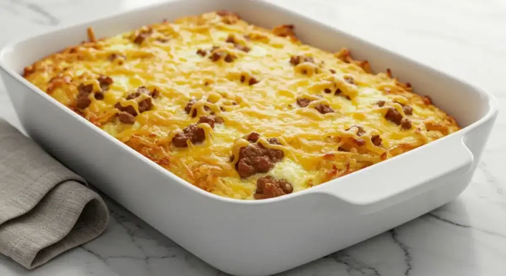 A golden-baked Crack Breakfast Casserole in a white ceramic dish on a marble surface