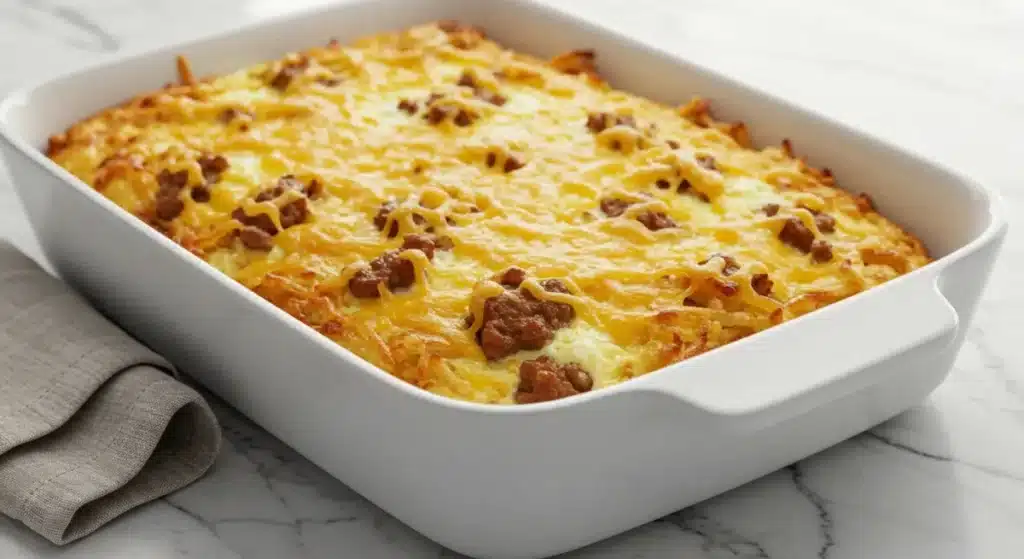 The Best Crack Breakfast Casserole – Easy, Cheesy & Crowd-Pleasing A golden-baked Crack Breakfast Casserole in a white ceramic dish on a marble surface