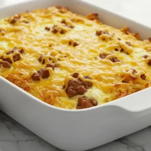 The Best Crack Breakfast Casserole – Easy, Cheesy & Crowd-Pleasing A golden-baked Crack Breakfast Casserole in a white ceramic dish on a marble surface