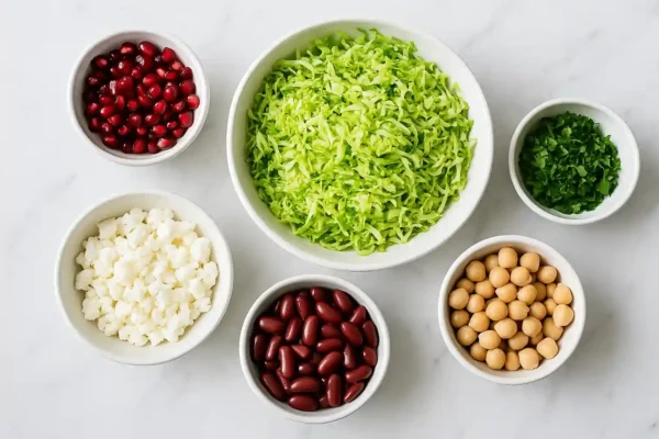 Dense Bean Salad with Brussels Sprouts & Pomegranate: A Powerhouse of Flavor and Nutrition Dense Bean Salad ingredients in ceramic bowls with Brussels sprouts and pomegranate