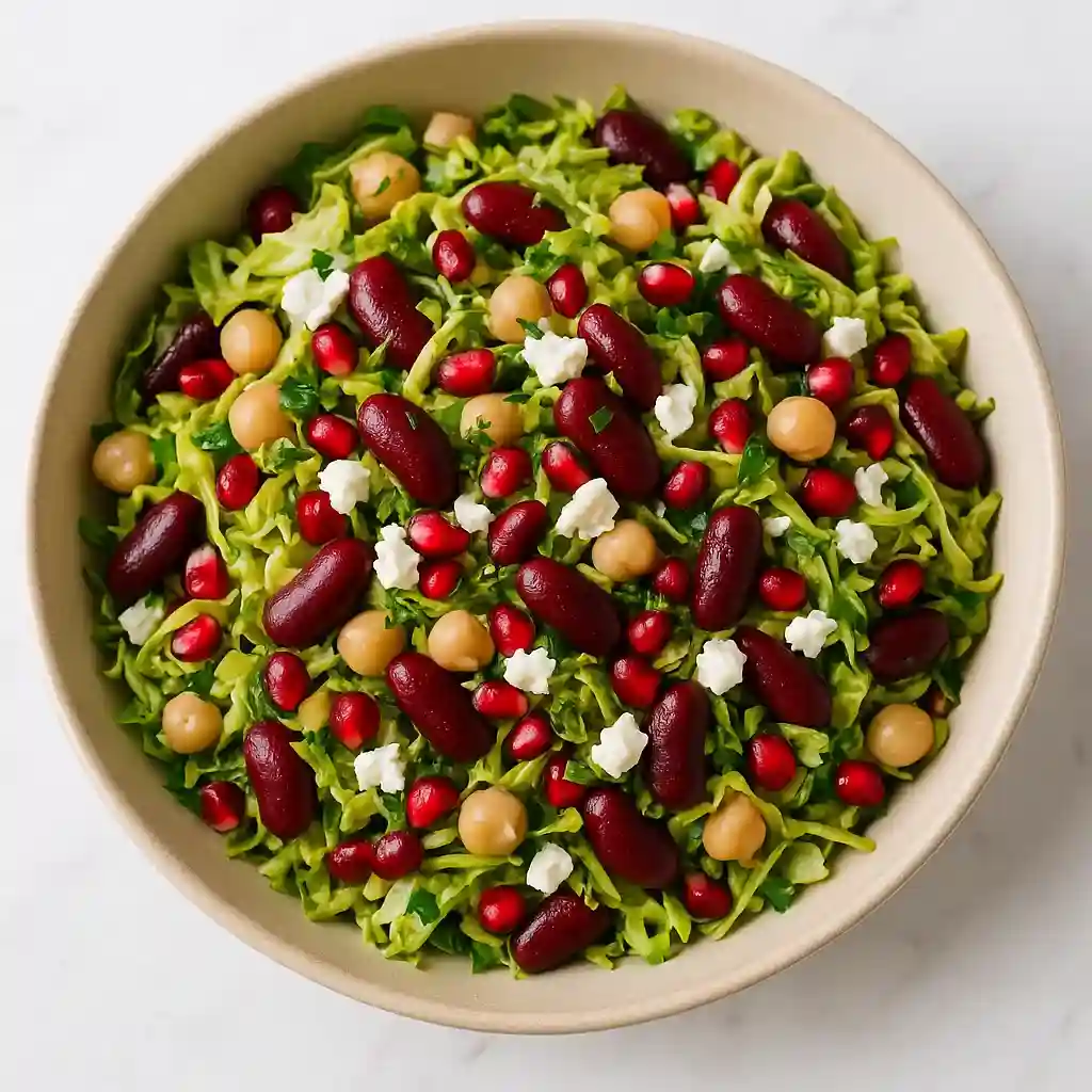 Dense Bean Salad with Brussels Sprouts & Pomegranate: A Powerhouse of Flavor and Nutrition Dense bean salad with Brussels sprouts, chickpeas, pomegranate and feta in ceramic bowl