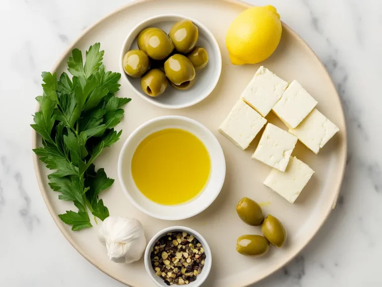 Eazy Zesty Green Olives Tofu Dip Everyone Will Love Zesty green olives tofu dip ingredients on a ceramic plate over white marble