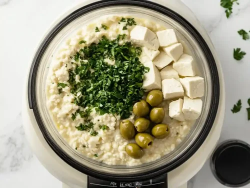 Eazy Zesty Green Olives Tofu Dip Everyone Will Love Zesty green olives tofu dip blending in food processor with parsley and garlic