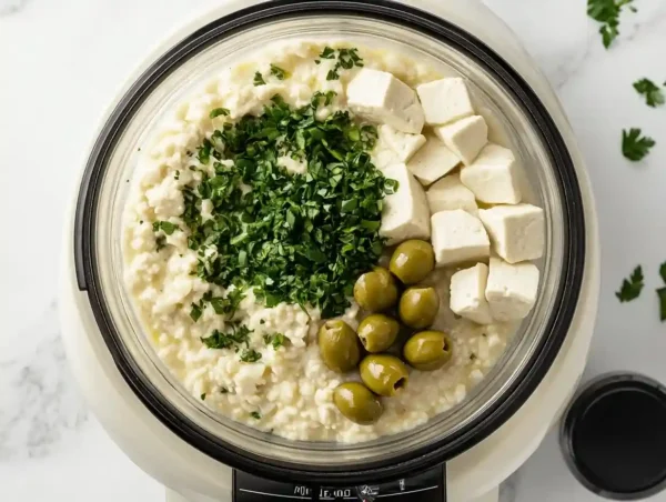 Zesty green olives tofu dip blending in food processor with parsley and garlic