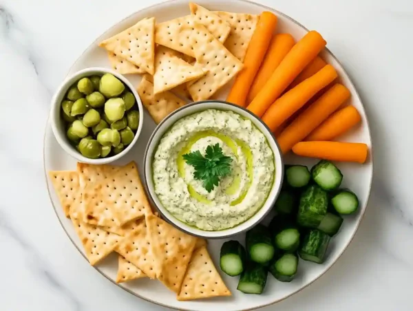 Vegan green olive tofu dip served with pita and veggies on marble