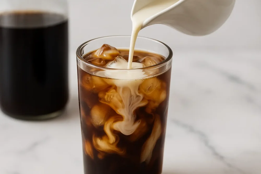 Best-Ever Homemade Coffee Creamer – Quick, Creamy & All-Natural Homemade vanilla coffee creamer poured into a tall glass of iced black coffee, creating a swirling effect