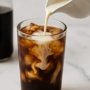 Best-Ever Homemade Coffee Creamer – Quick, Creamy & All-Natural Homemade vanilla coffee creamer poured into a tall glass of iced black coffee, creating a swirling effect
