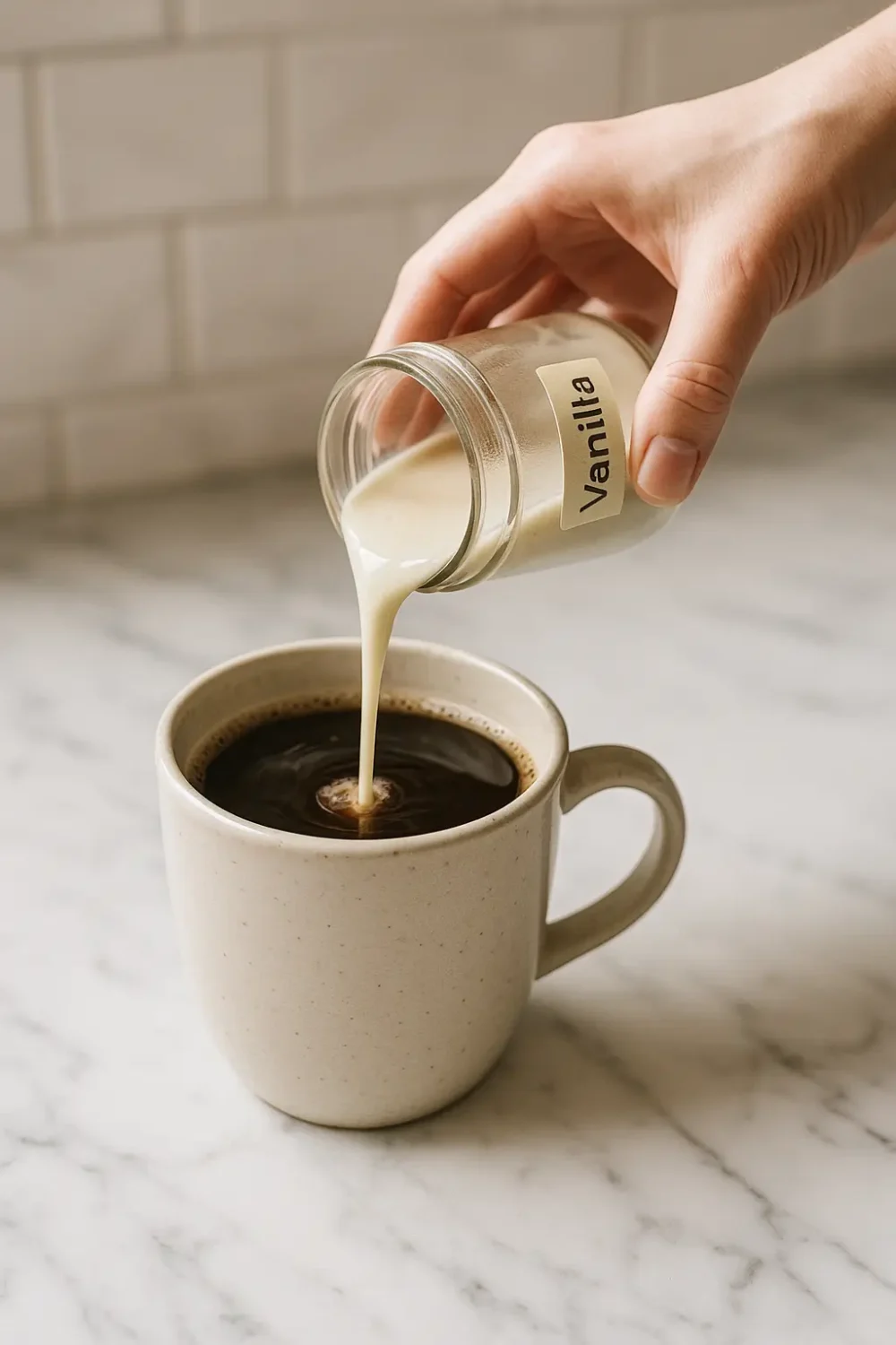 Best-Ever Homemade Coffee Creamer – Quick, Creamy & All-Natural Pouring homemade coffee creamer into hot coffee