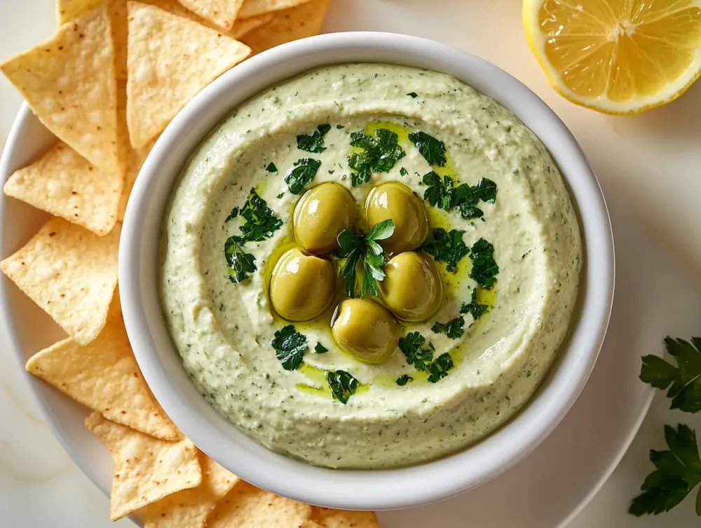 Overhead view of creamy green olive and tofu dip in a white bowl on marble