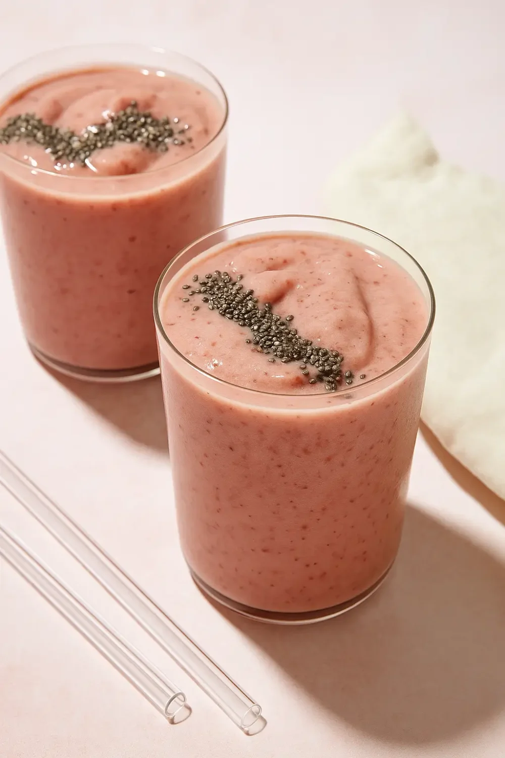 Chia Seeds in Smoothies in clear glasses with strawberry and peach
