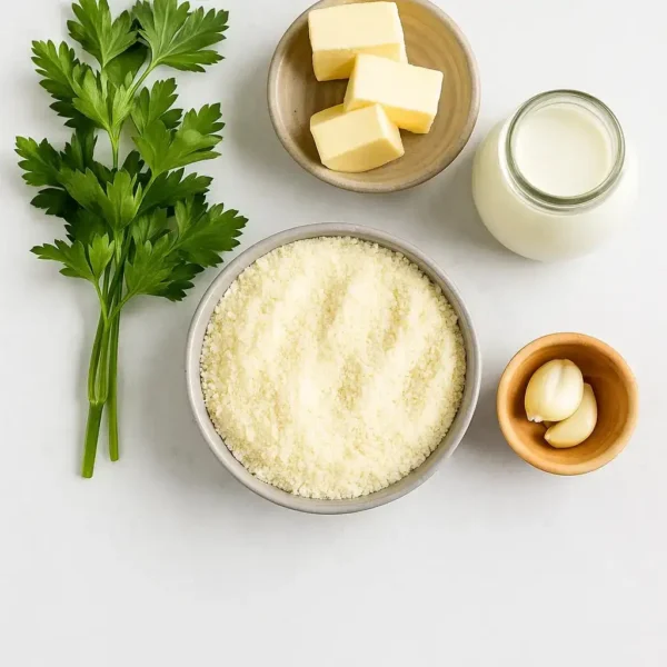 alfredo sauce ingredients including butter, parmesan, cream, garlic, and parsley arranged in ceramic bowls
