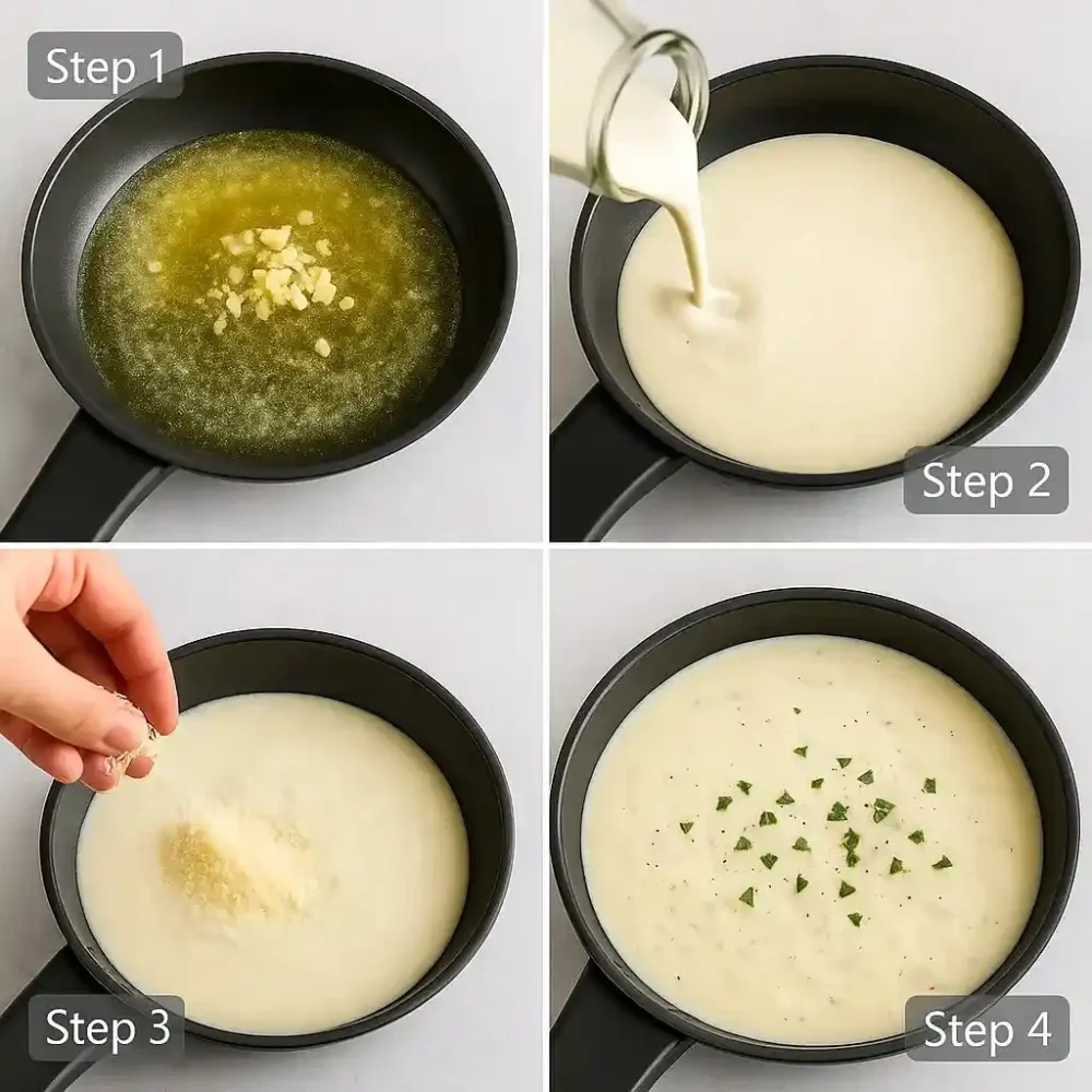 4 steps of alfredo sauce preparation from melted butter to finished sauce.