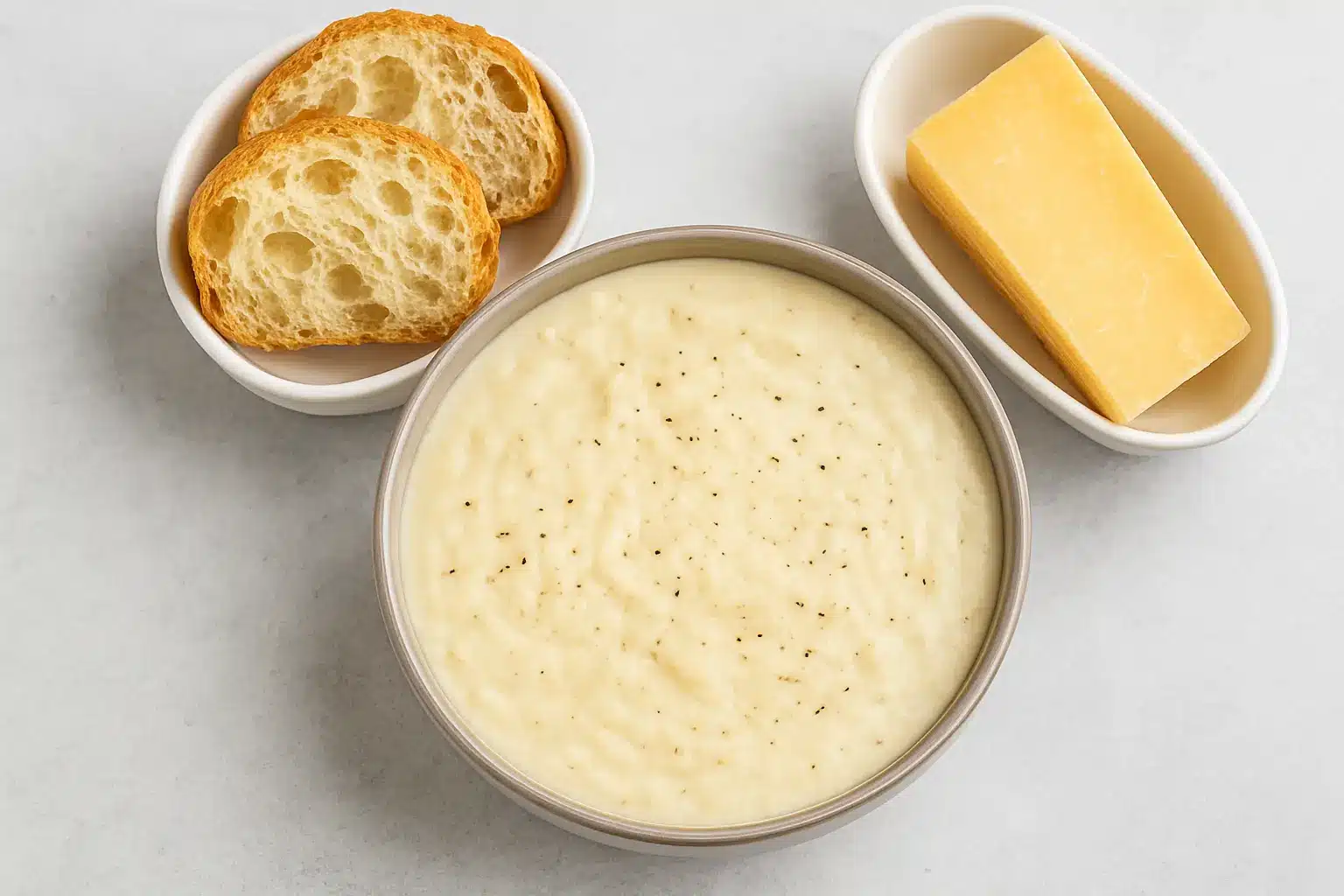 Alfredo Sauce: the Ultimate Creamy Recipe in Just 20 Minutes alfredo sauce with bread and parmesan served in ceramic bowls