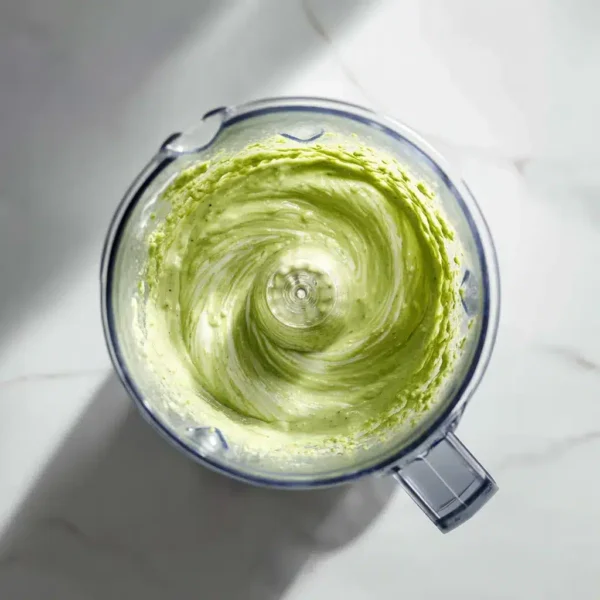 asparagus and zucchini soup being blended in glass mixer