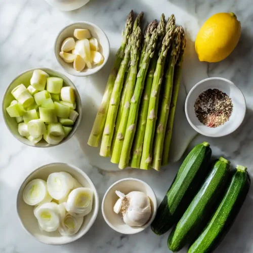 Asparagus and Zucchini Soup: Light, Creamy, and Ready in 30 Minutes asparagus and zucchini soup ingredients flat lay