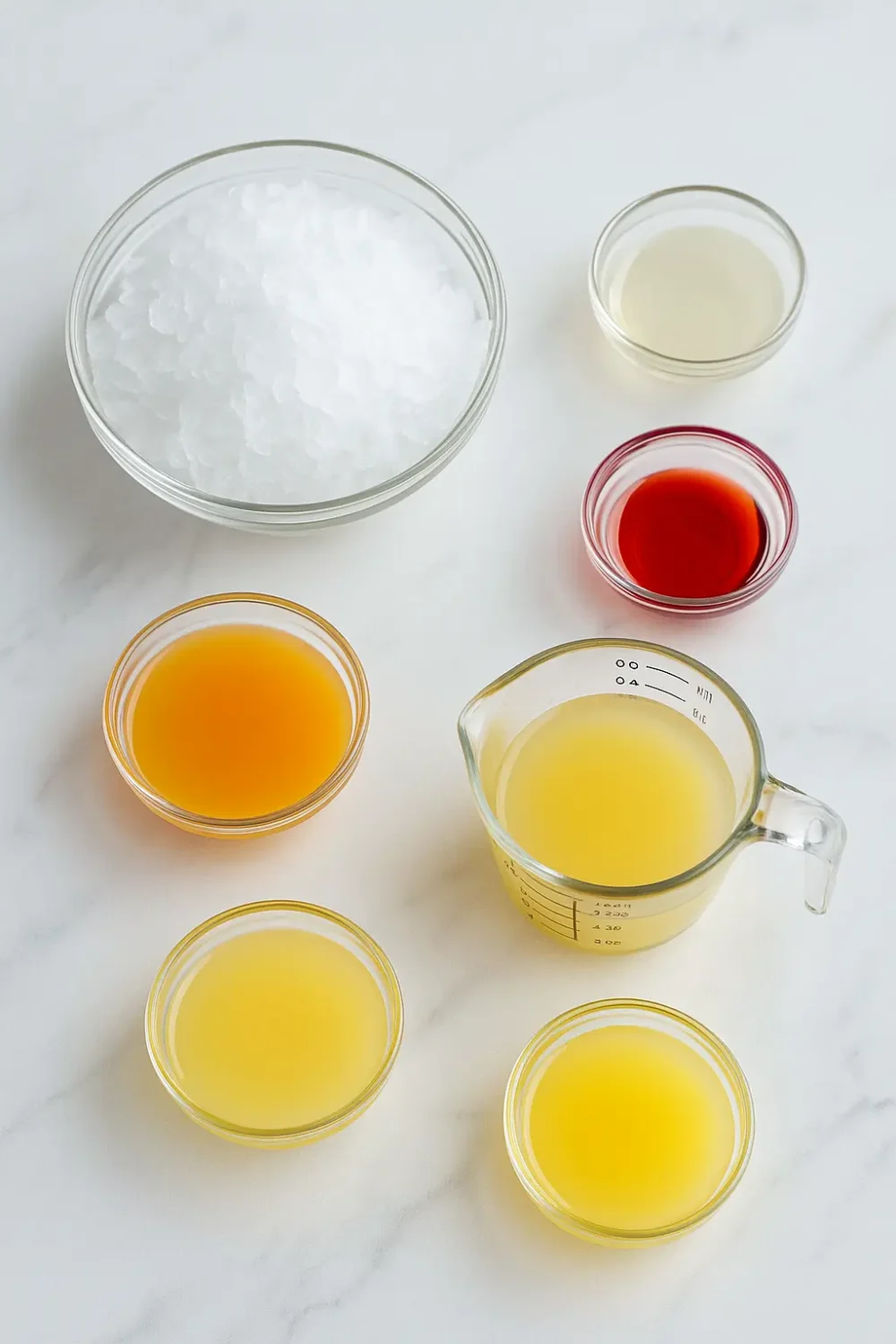 Bahama Mama tropical smoothie recipe ingredients laid out in bowls on white marble