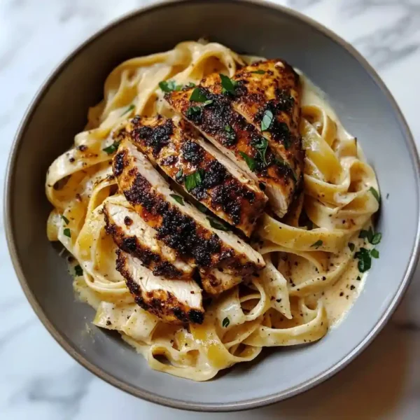 blackened chicken over creamy fettuccine alfredo served in a ceramic bowl