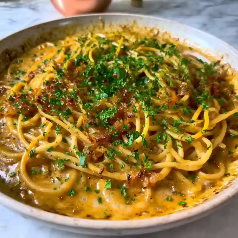 The Best Caramelized Onion and Garlic Spaghetti Caramelized onion and garlic spaghetti in golden creamy sauce, topped with fresh parsley