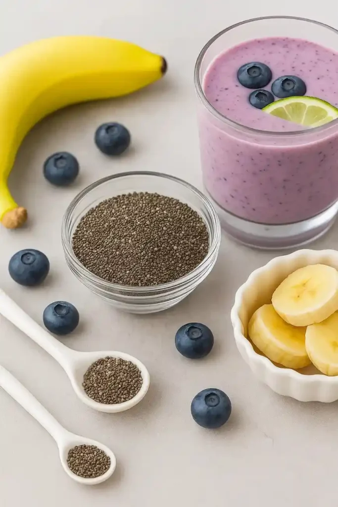 Chia In a Smoothie: The Powerful Everyday Boost You Didn’t Know you Needed chia in a smoothie ingredients on marble with banana and blueberries