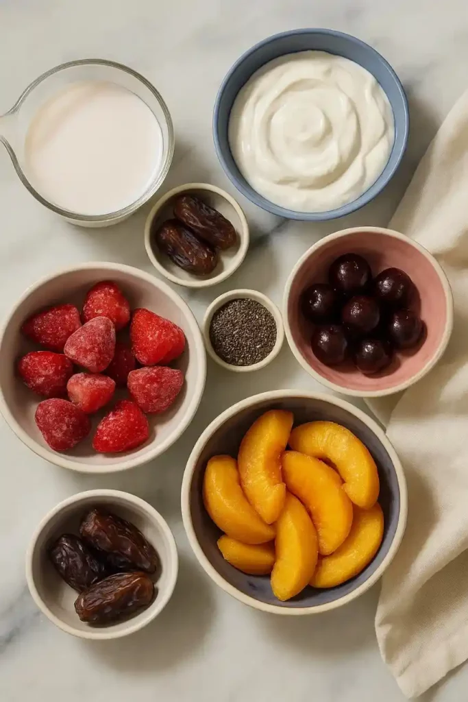 Chia Seeds in Smoothies: Strawberry-Peach Recipe for Busy Mornings Chia Seeds in Smoothies ingredients including strawberries, peaches, yogurt, cherries, and dates