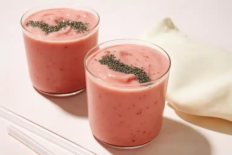 Chia Seeds in Smoothies: Strawberry-Peach Recipe for Busy Mornings Chia Seeds in Smoothies served in clear glasses with peach and strawberry