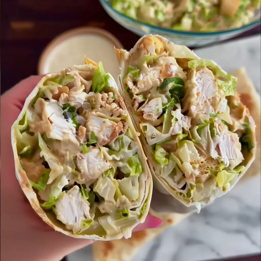 Chicken Caesar Wrap – A Quick and Flavorful Lunch You’ll Love Chicken Caesar Wrap sliced with romaine and parmesan