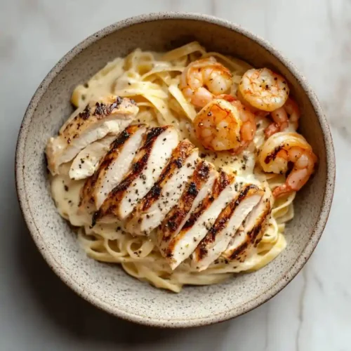 Alfredo Sauce: the Ultimate Creamy Recipe in Just 20 Minutes creamy fettuccine alfredo with grilled chicken and shrimp served in a round ceramic bowl on a marble surface