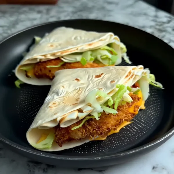 crispy chicken burger folded wrap toasting in skillet with lettuce and cheese