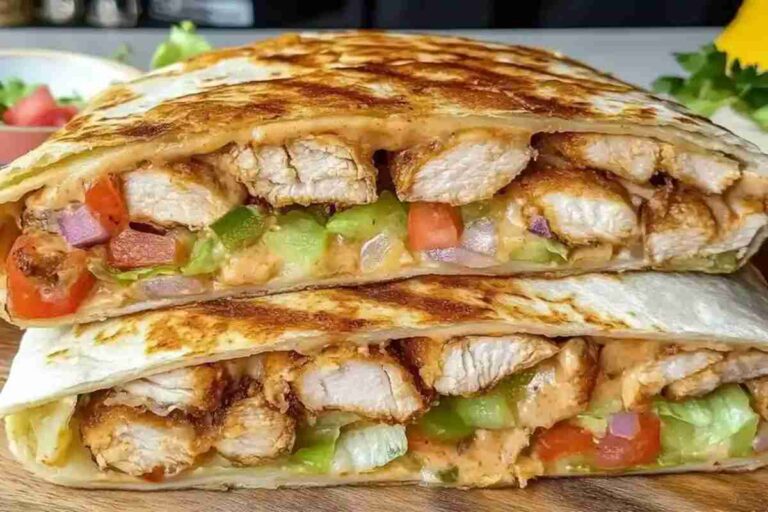 Crispy Chicken Crunch Wrap – Melty, Crunchy, Made at Home Crispy chicken crunch wrap with melted cheese and grilled chicken, placed on Calacatta marble background