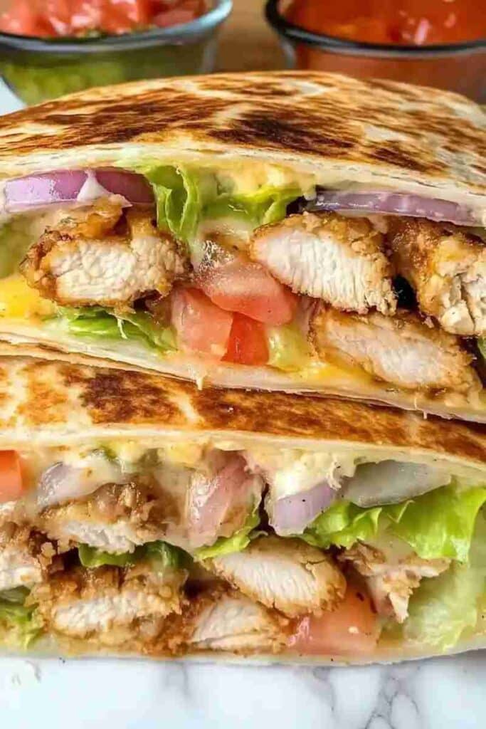 Crispy Chicken Crunch Wrap – Melty, Crunchy, Made at Home crispy chicken crunch wrap sliced open showing layers of chicken, lettuce and tomato