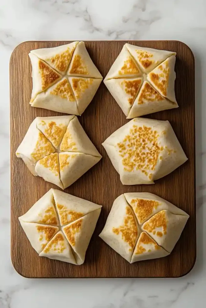 Crispy Chicken Crunch Wrap – Melty, Crunchy, Made at Home Crispy chicken crunch wraps folded into hexagons, seam-side down on a wooden board, ready to grill