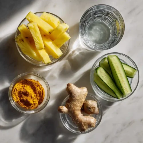 Cucumber and Pineapple Detox: a Fresh Way to Cleanse Naturally cucumber and pineapple detox ingredients arranged on marble background