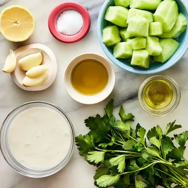 Cucumber Yogurt Salad Protein That’s Fresh, Light and Full of Flavor cucumber yogurt salad protein ingredients laid out