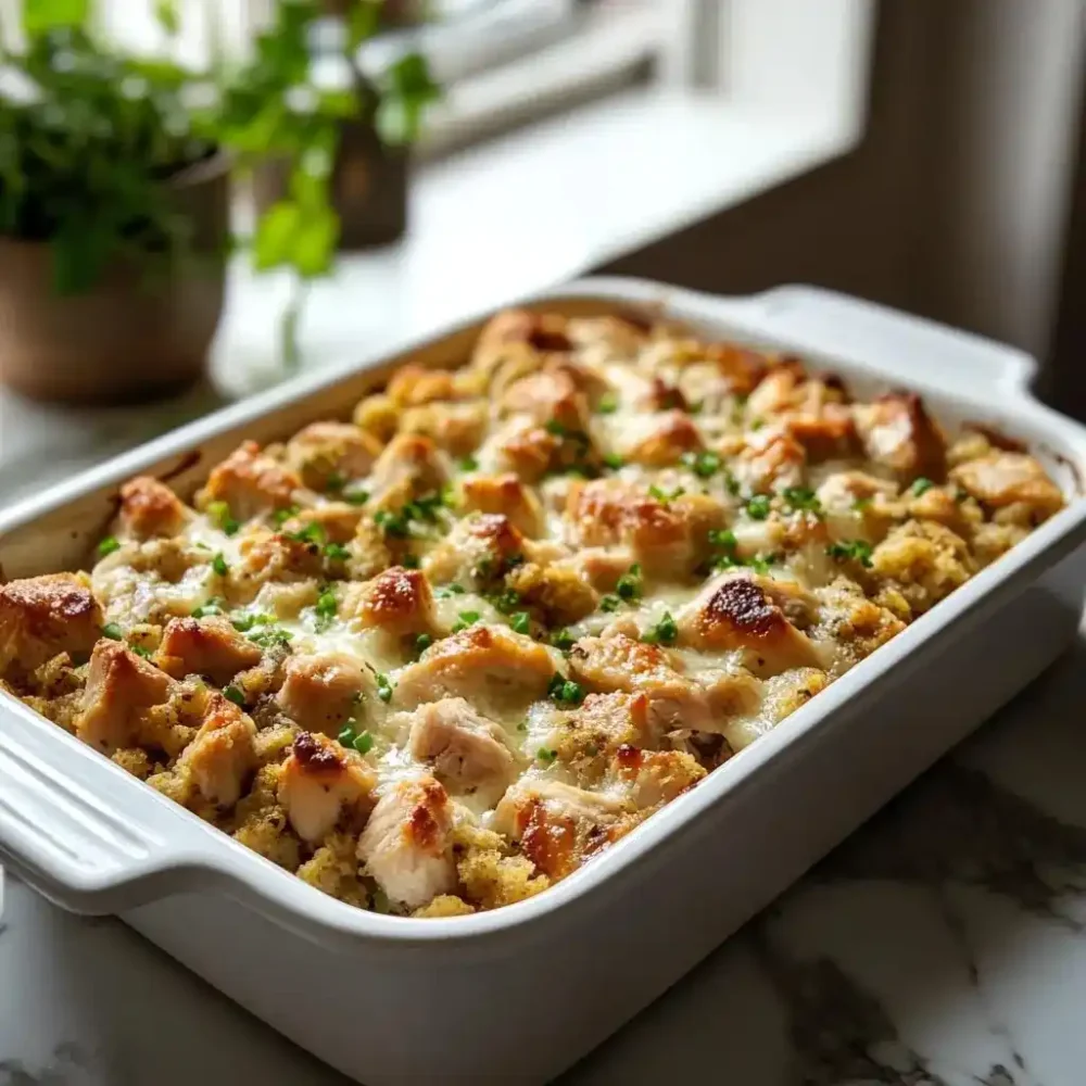 Dolly's Chicken And Stuffing Casserole fresh out of the oven with golden crust