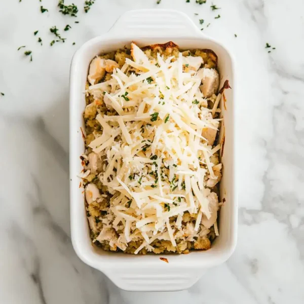 Dolly's Chicken And Stuffing Casserole ready to bake in a white ceramic dish