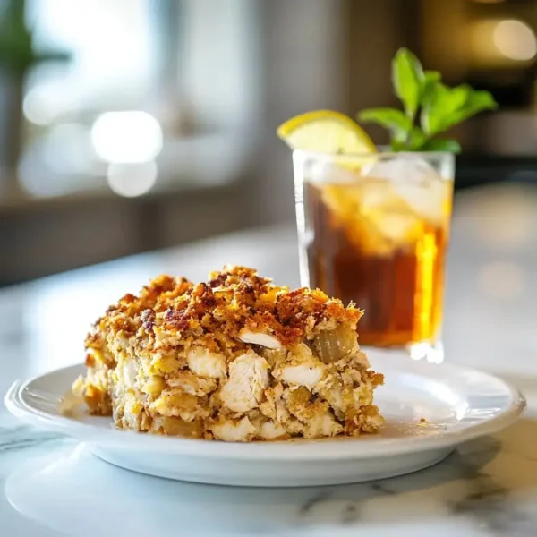 Dolly's Chicken And Stuffing Casserole served with iced tea