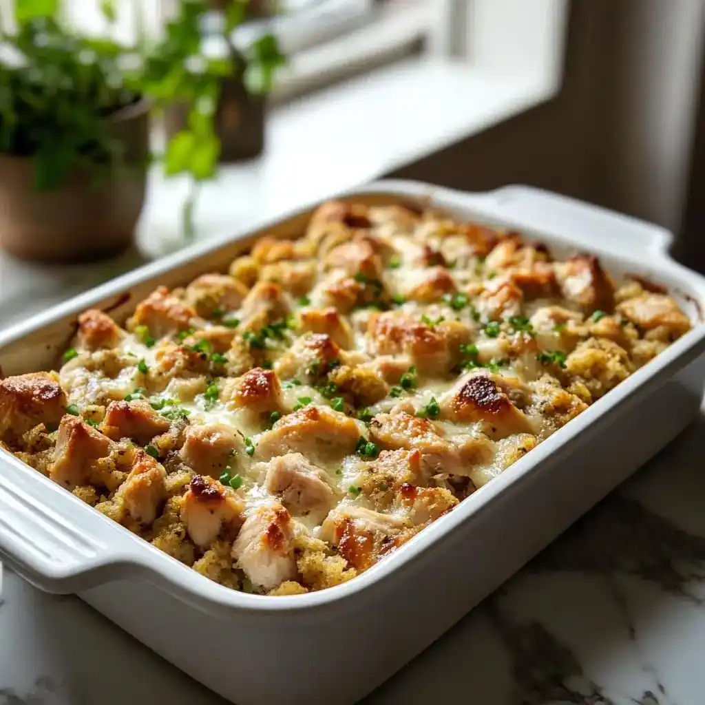 Dolly's Chicken And Stuffing Casserole: Comforting And Quick Recipe Dolly's Chicken And Stuffing Casserole fresh out of the oven with golden crust