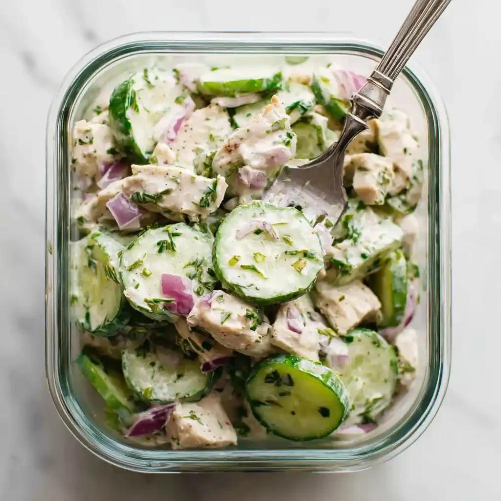 high protein cucumber salad with greek yogurt and chicken breast in a neutral-toned ceramic bowl