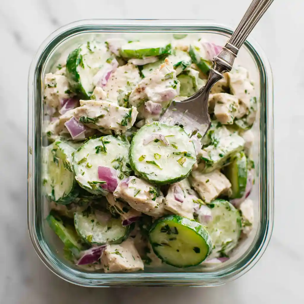 High Protein Cucumber Salad: A Fresh and Filling Bowl high protein cucumber salad with greek yogurt and chicken breast in a neutral-toned ceramic bowl