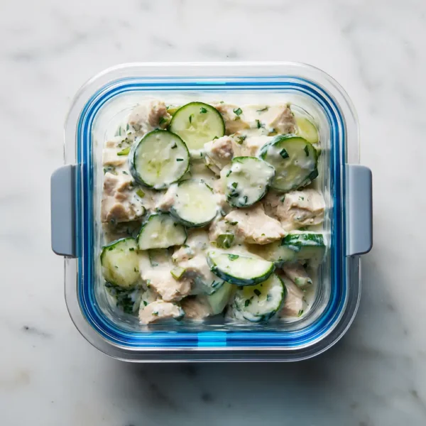 high protein cucumber salad in a sealed meal prep bowl with transparent lid on marble background