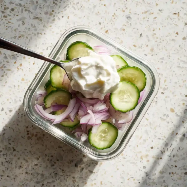 high protein cucumber salad being mixed in a bowl with yogurt dressing and chicken